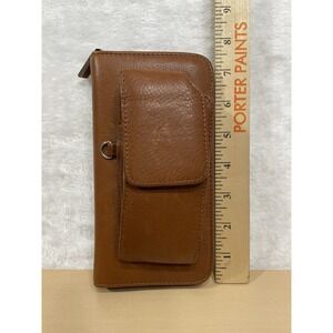 Wilsons Leather Brown Zip Around Wallet Organizer Crossbody Strap ID Window